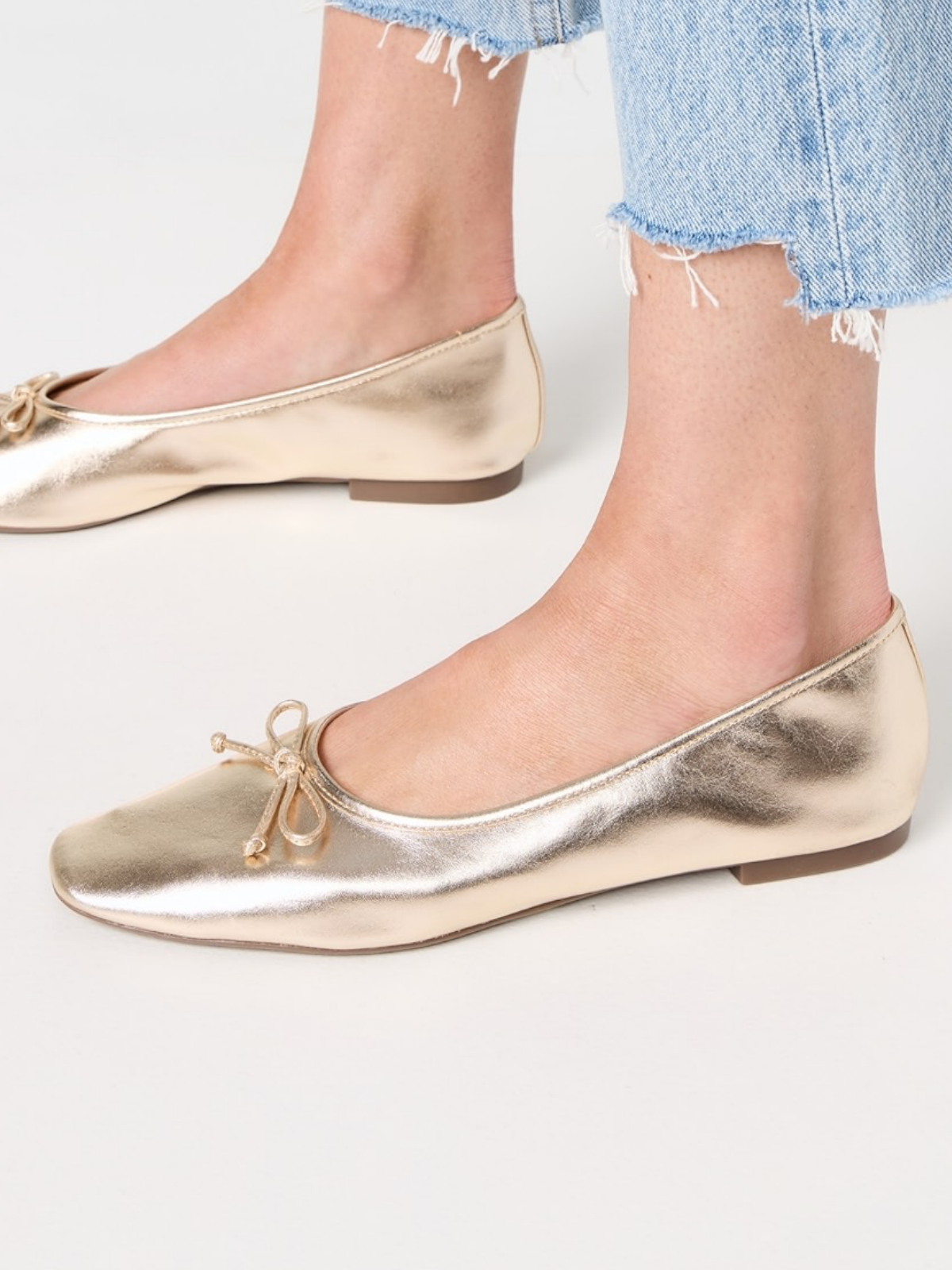 Metallic Gold Bow Square-Toe Slip-On Ballet Flats