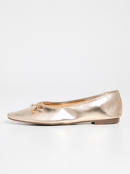 Metallic Gold Bow Square-Toe Slip-On Ballet Flats