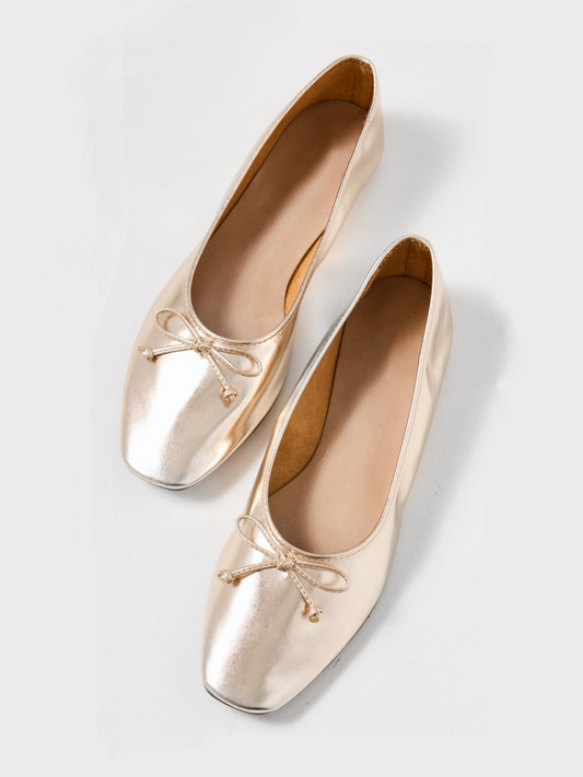 Metallic Gold Bow Square-Toe Slip-On Ballet Flats