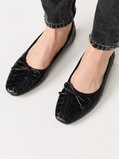 Black Bow Woven Square-Toe Slip-On Ballet Flats