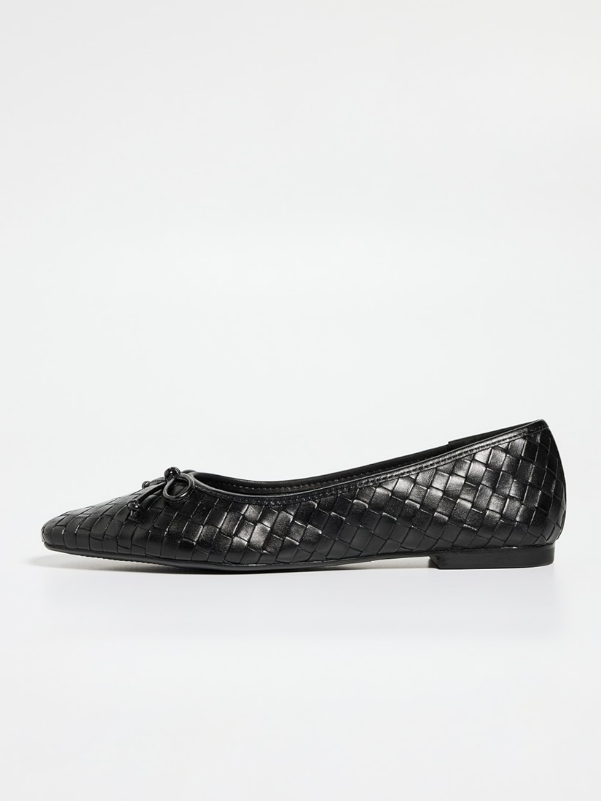 Black Bow Woven Square-Toe Slip-On Ballet Flats