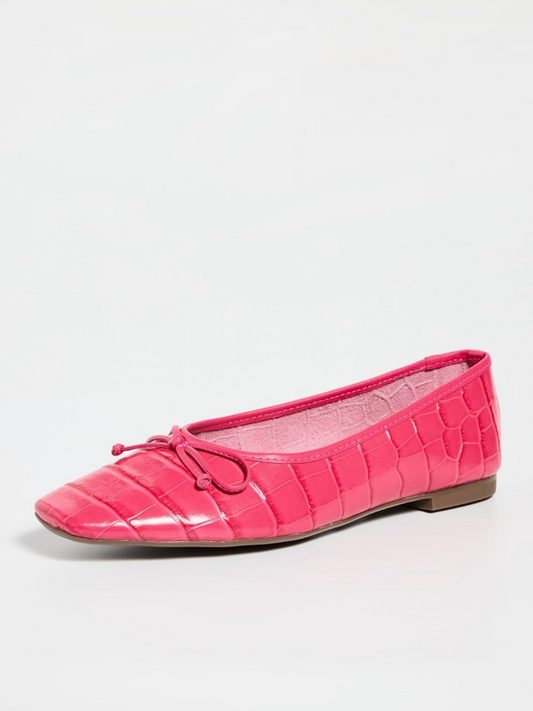 Cerise Pink Crocodile Embossed Bow Square Toe Ballet Flats