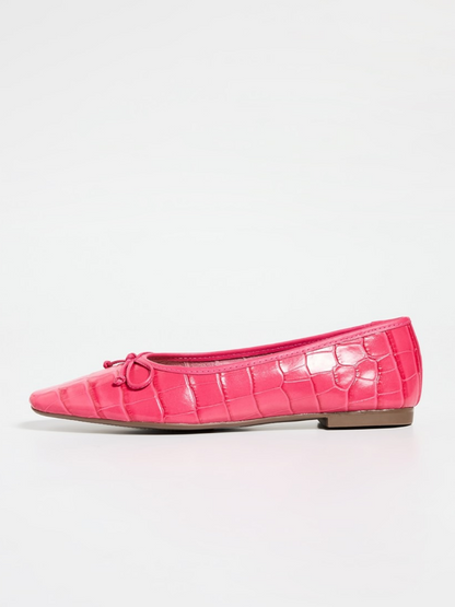 Cerise Pink Crocodile Embossed Bow Square Toe Ballet Flats