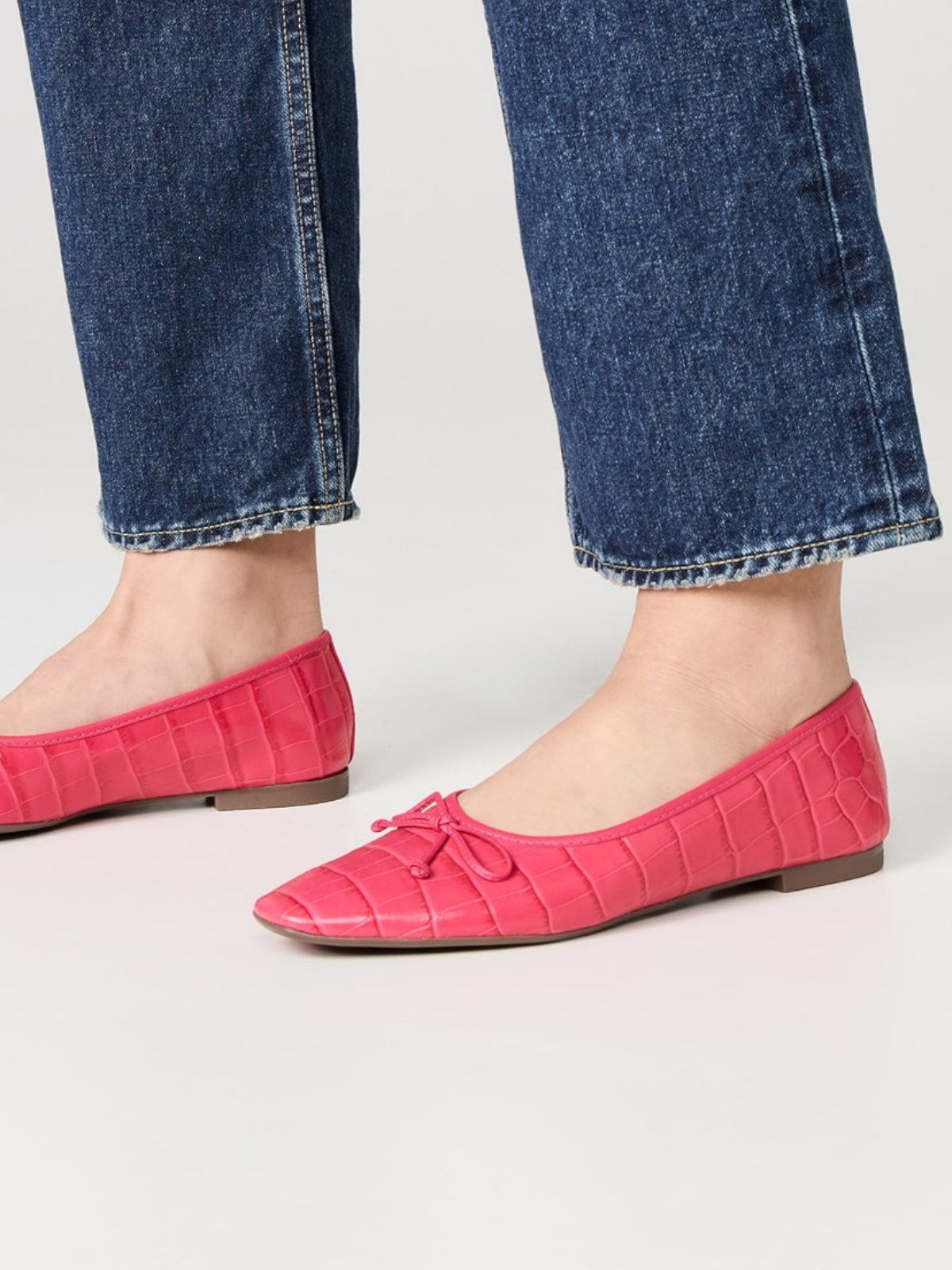 Cerise Pink Crocodile Embossed Bow Square Toe Ballet Flats