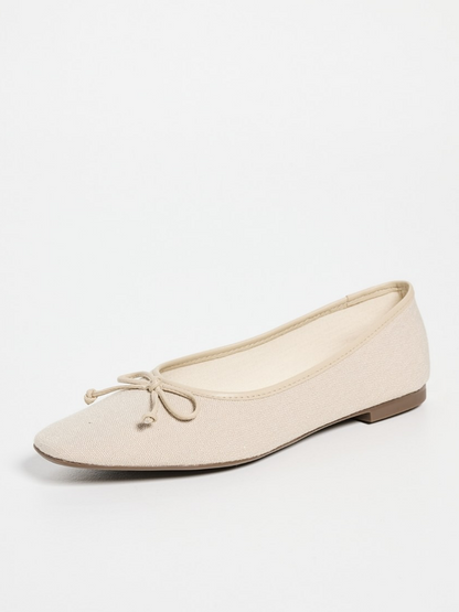 Oyster White Canvas Bow Square-Toe Ballet Flats