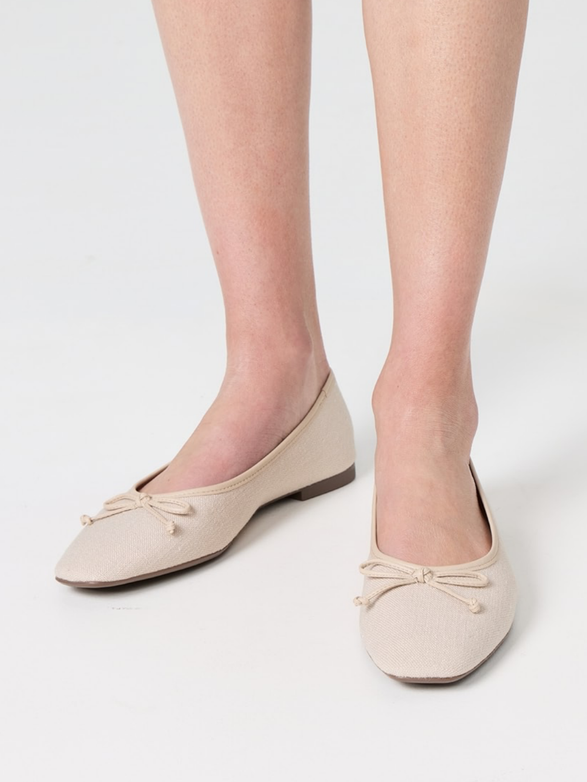 Oyster White Canvas Bow Square-Toe Ballet Flats