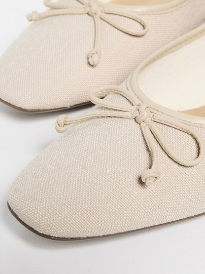 Oyster White Canvas Bow Square-Toe Ballet Flats