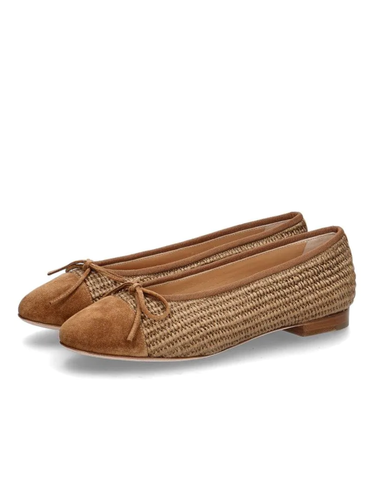 Brown Bow Raffia Ballet Flats With Faux Suede Round-Toe