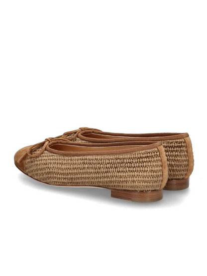 Brown Bow Raffia Ballet Flats With Faux Suede Round-Toe