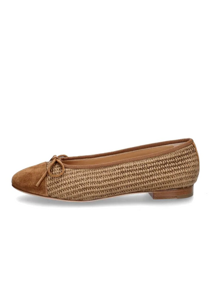 Brown Bow Raffia Ballet Flats With Faux Suede Round-Toe